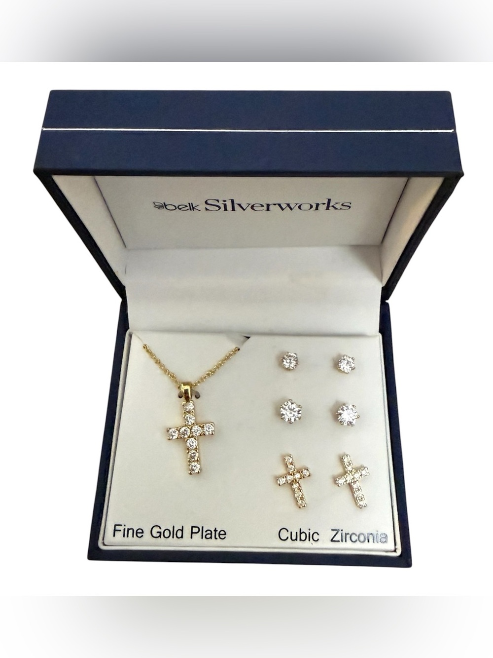 Belk Silverworks Gold Plate Cross Necklace & Cubic Zirconium Earring Set NEW